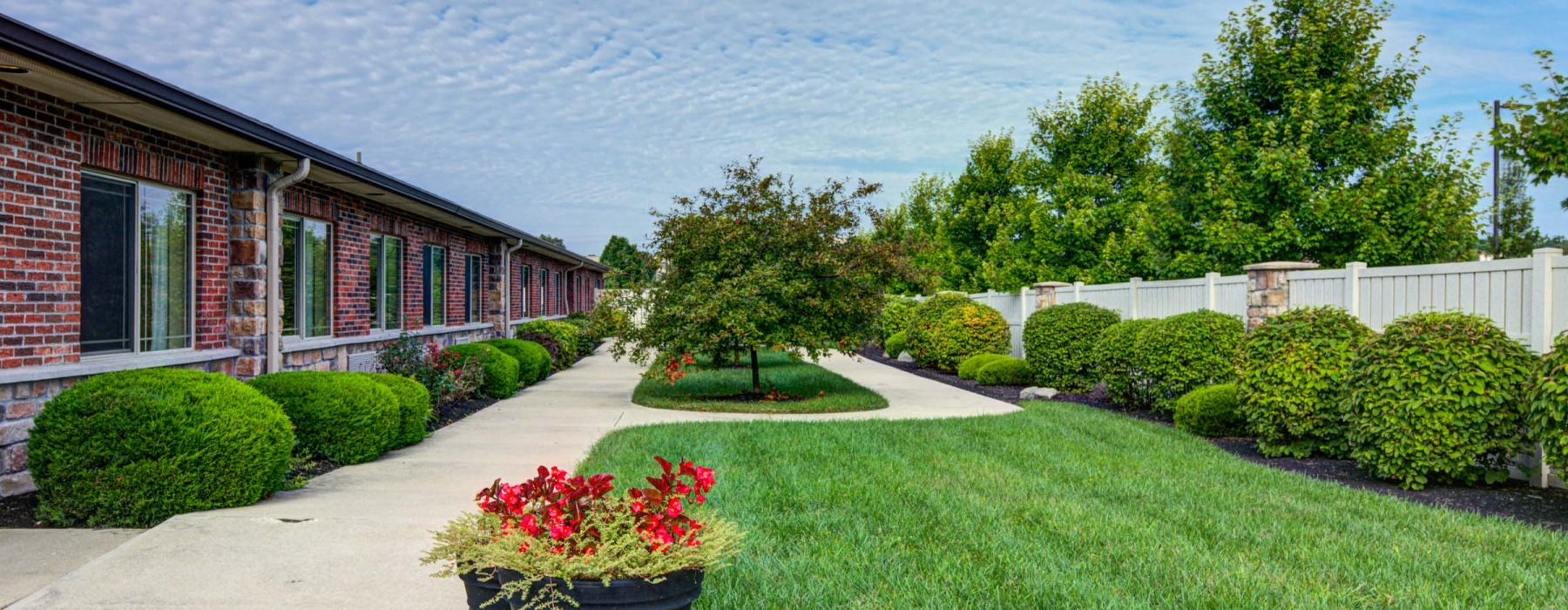 Courtyard with walking path and bushes